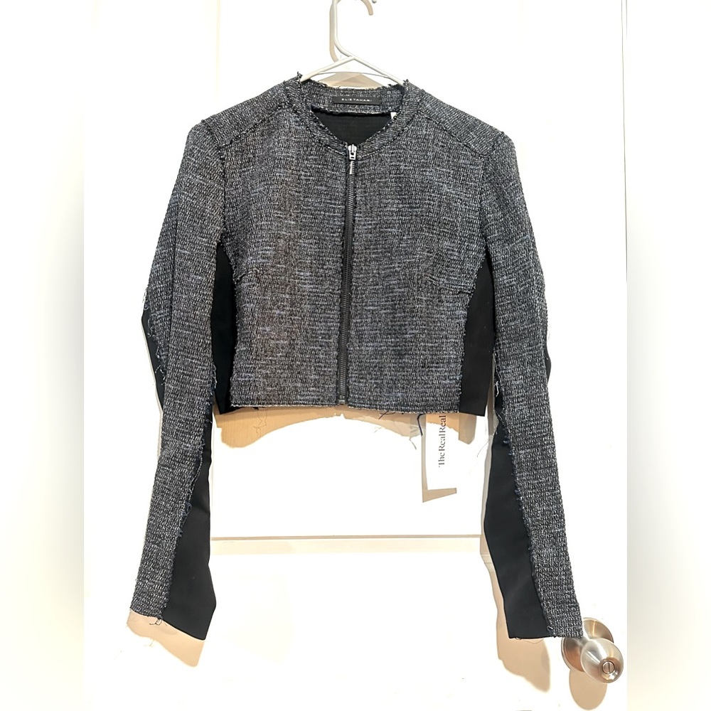 Elie Tahari Sandie Blue Black Tweed Cropped Blazer Jacket